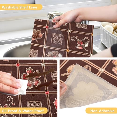 Image of Kuber Industries Pack of 3 Waterproof & Durable Kitchen Mats for Shelf Liner Roll | 5 Meters Wipeable Fridge Sheets for Shelves Cabinet Drawer | Golden Print - Dark Brown