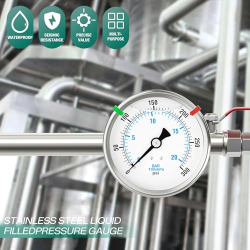 Image of 0-300PSI Stainless Steel Liquid Filled Pressure Gauge, 4 inch Dial Size, 1 /4 inch NPT Back Mount, for Tube, Water Pump, Gas, Liquid, Pressure Test (with Range Mark Pointer)
