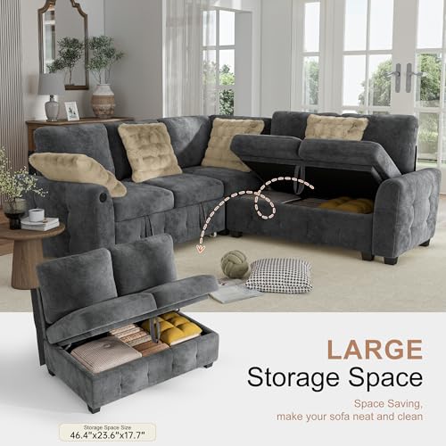Image of Hanherry Sectional Sofa with Pull Out Couch Bed,Chenille Sleeper Sofa with 2 Seat Storage & USB Charging,Comfy L Shaped Modular Couches for Living Room,Apartment
