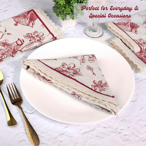 Image of FINGERCRAFT Printed Cloth Napkins Cotton Linen Blend Fabric Set of 12 with Classic Lace 20x20 Inch Dinner Napkin Durable and Good Absorbency for Home, Hotels, Parties (Toile Red)