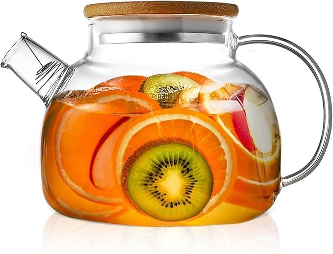 Image of PrimeWorld Borosilicate Glass Teapot - 1L | Stovetop Safe Transparent Kettle with Bamboo Lid & Removable Filter Spout | Elegant Glass Tea Pot for Loose Leaf Tea, Coffee & Herbal Infusions