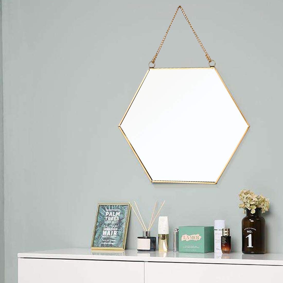 C&Z Wiszące ścienne sześciokątne lustro dekoracja złote geometryczne lustro w stylu vintage z łańcuszkiem do łazienki sypialni salonu 30 cm x 26 cm