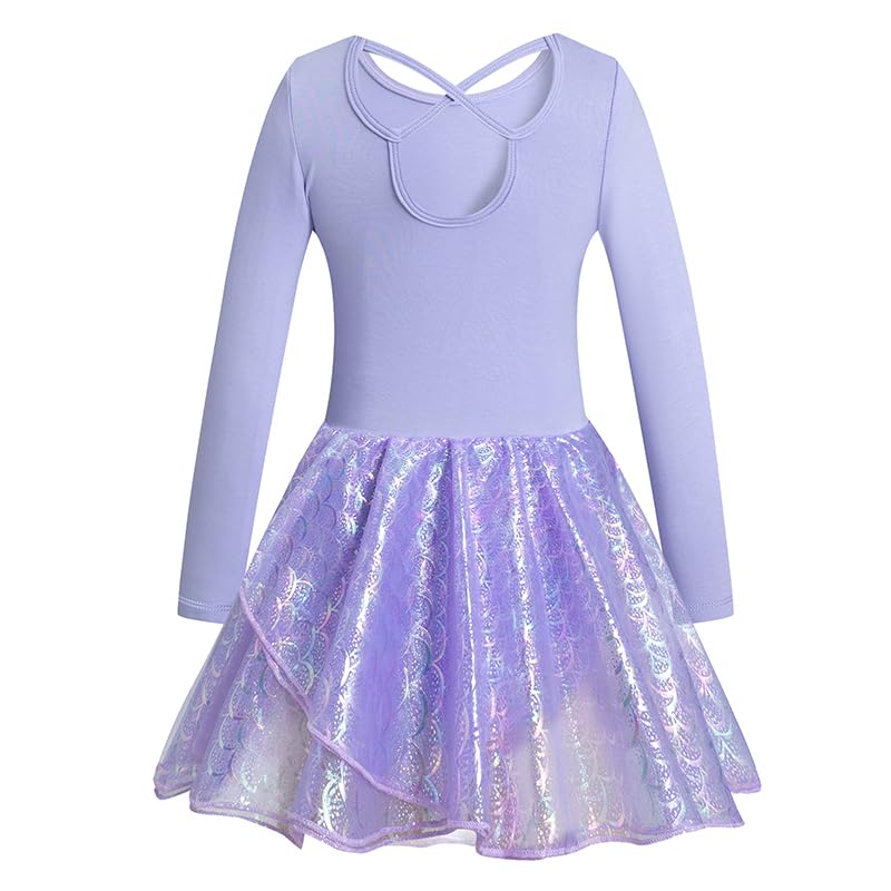 Girls' Long Sleeve Criss-Cross Back Dance Leotard with Dress Mouse Ear Cutout Back, Purple, 6Y