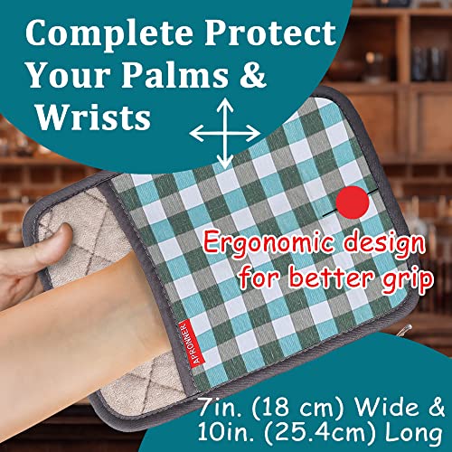 Pot Holders For Kitchen Heat Resistant Cotton Linen With Silicone Non-Slip Texture Thick Terry Lining Set Of 2 Green Grid #TOP2