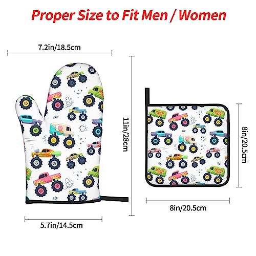 Monster Car Oven Mitts And Pot Holders Sets Of 4,Kitchen Potholder Gloves Heat Resistant Non-Slip For Baking Cooking Grilling #TOP3