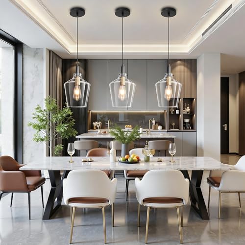 Image of Glass Pendant Lighting for Kitchen Island 3 Pack Black Gold Clear 8 Inch
