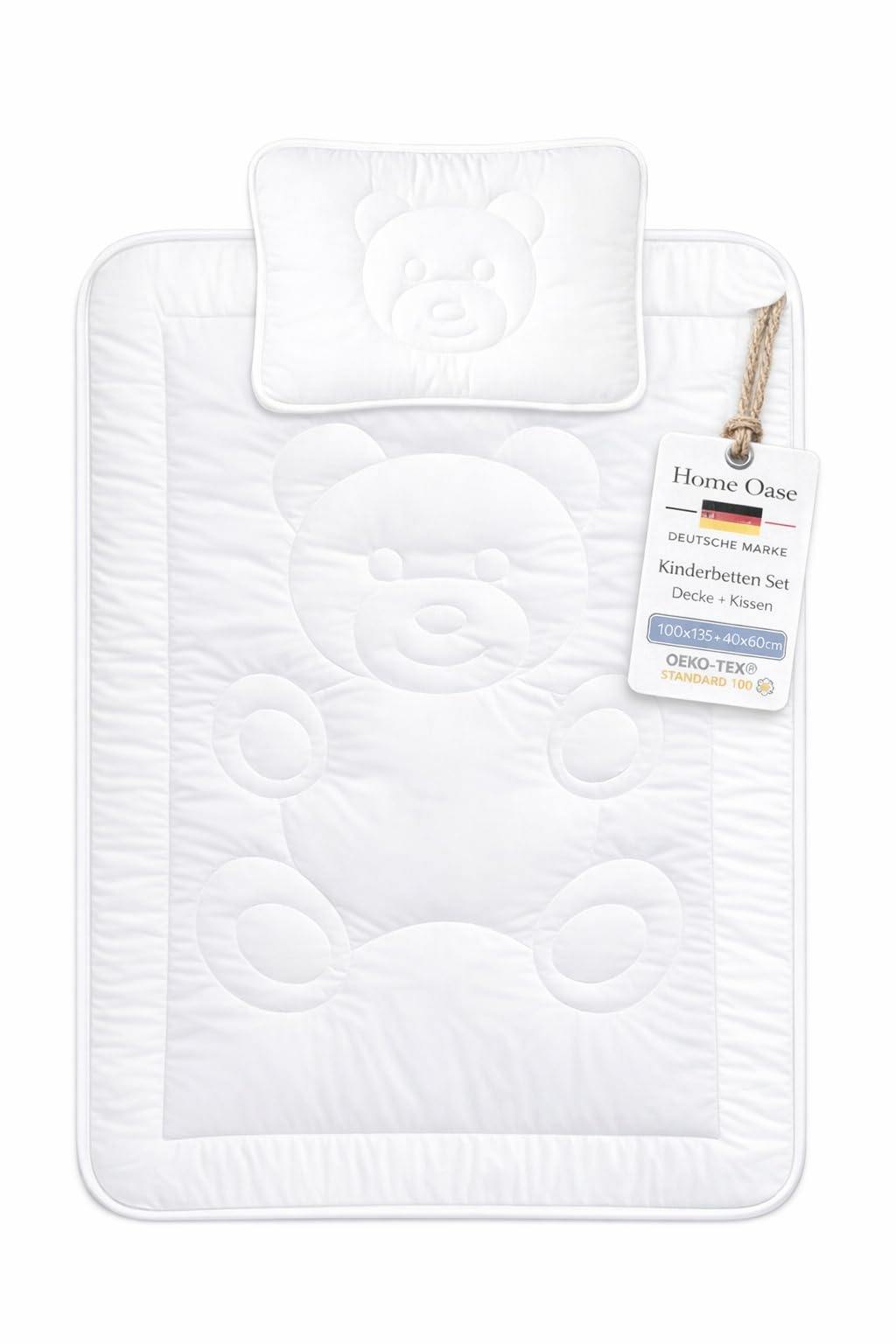Home Oase® Baby Bettdecke & Kissen Set 100x135 cm + 40x60 cm - Kinderbettdecke mit Bärenmotiv, Atmungsaktive Mikrofaser, Allergikergeeignet, Oeko-TEX Standard, Waschbar 60°C, Sommer & Übergangsdecke