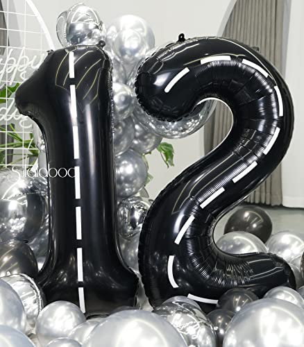 Image of Race Car 40 Inch Black 12 Big Large Helium Balloon Number 0-9 | Track Giant Digital 12th Foil Mylar Party Balloons for Men Birthday Car Theme Party Anniversary Graduation Decorations