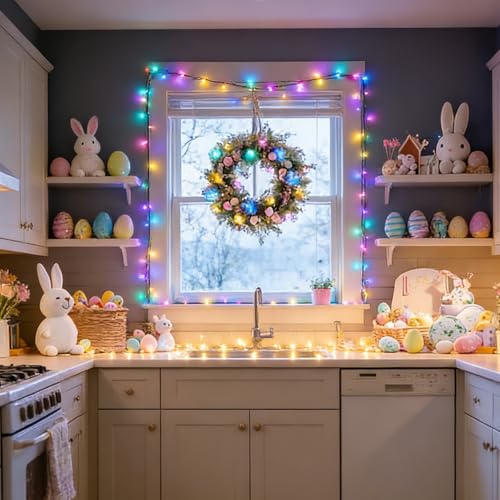LAMPHOME Pastel Easter Lights String, Multicolor Christmas Mini Light, 32.5FT 100 LED with 16 Light Modes Green Wire, Fa - Additional View