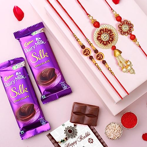 Image of TIED RIBBONS Rakhi Set 4 for Brother and Bhabhi with Chocolates Gift - Premium Lumba Rakhi Set with Chocolates Chawal Roli Chawal and Mini Greeting Card - Bhaiya Bhabhi Rakhi's with Gift