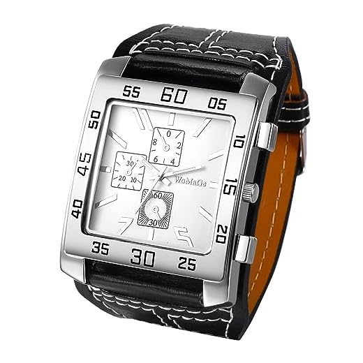 JewelryWe Reloj Motero Punk Rock, Reloj Grande de Cuero para Hombre, Reloj Cuadrado Exagerado, Reloj de Cuarzo Analógico, Escala de Barras, Correa Blanda, Blanco