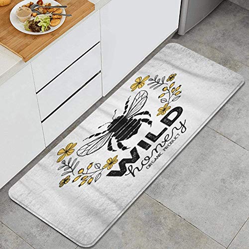 MIGAGA Kitchen Rug,Honeycomb Honey Label Design for Organic Products Abstract Animal Badge Bee Beehive,Non-Slip Kitchen Mat Rubber Backing Doormat Runner Rug Set and Bedroom Rugs