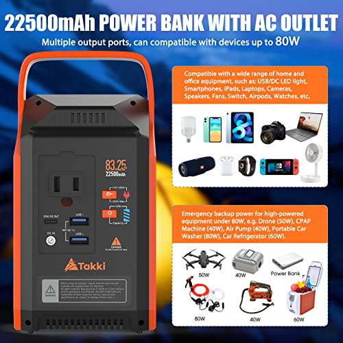 Takki Portable Camping Power Station with Lantern, 22500mAh Solar Generator with Peak 120W/110V AC Outlet USB Port, Laptop Charger Power Supply for Camping Home Emergency