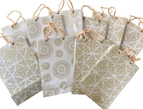 Image of Creative Art White & Gold Paper Gift Bags Rectangle (Pack of 10) - Strong Kraft Paper, Elegant Design, Reusable & Recyclable, Ideal for Return Gifts, Baby Shower, Wedding & Party Gift Packing