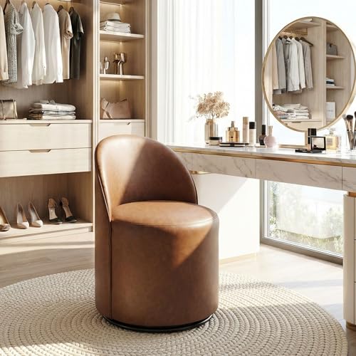 Image of HNY Upholstered Kitchen & Dining Room Barrel Chair, Mid Century Modern Round Leather Dining Chair, 360 Degree Swivel Comfy Armless Accent Makeup Vanity Side Chair for Bedroom Living Room, Brown