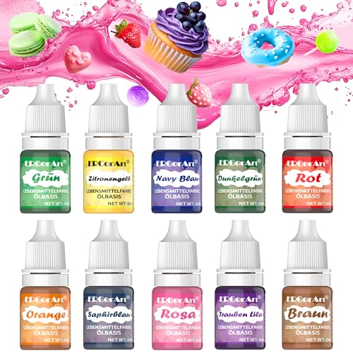 FettlöSliche Lebensmittelfarbe - ERCorArt 10 Farben Hochkonzentriert Lebensmittelfarbe ÖLbasis für Schokolade Kakaobutter Foudant Schokoladenkuchen Zuckerguss Eiscreme etc 6 ml/Stück