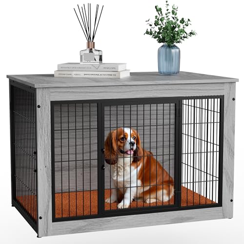 Alebert「アレベルト」 犬ケージ ペットケージ 木製 犬サークル 中小型犬用 サークル 室内 犬 ウッディサークル インテリア調 毛布付き 頑丈 オシャレ (グレー, Sサイズ)