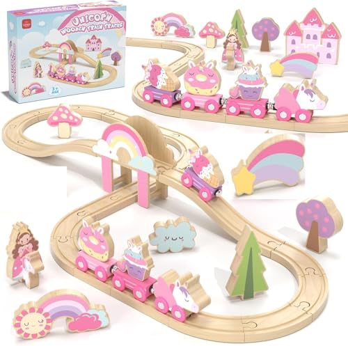 Einhorn Holz-Eisenbahn-Set für Mädchen, Kinder Eisenbahn mit Schienen,...