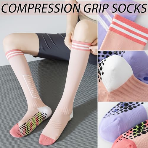 CHUNFO Womens 20-30mmhg Compression Grip Socks Star Calf Pilates Yoga Running Stockings Hiking Gym Support Sock Size5-92