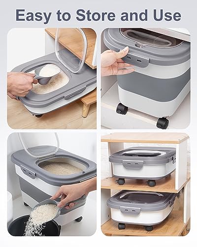 DDMOMMY 20-30 Lbs Rice Storage Container,Collapsible Food Storage Containers with Rolling Wheel Airtight Locking Lid,Flour Storage Container with Cup and Scoop,Suitable for Food,Rice,Pet Food,Flour - Thumbnail 4