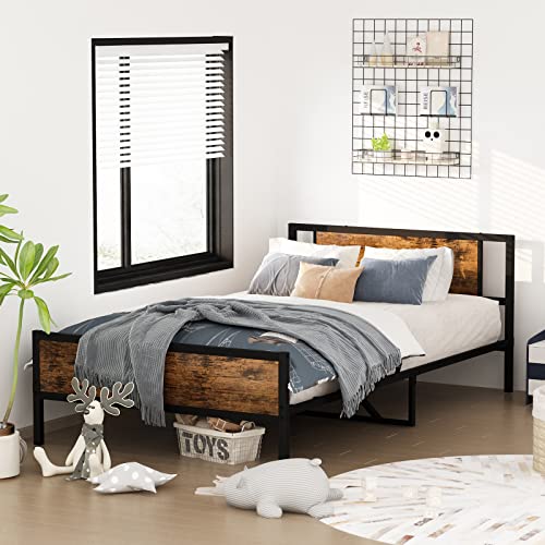 Recaceik Full Bed Frame, Platform Bed Frame With Rustic Vintage Wooden Headboard & Footboard, Heavy Duty Metal Slats Support, Mattress Foundation, No Box Spring Needed, No Noise, Full Size #TOP2