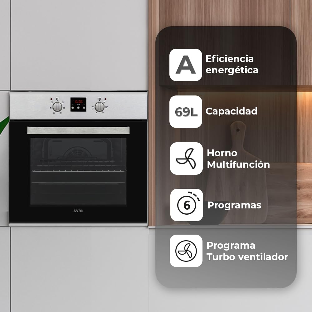 Svan Horno Multifunción con Ventilador Inox SHM6700DX. Capacidad 69 Litros, 2300W, 6 Programas, Interior Esmaltado, Fácil Limpieza, Display LED Manual, Eficiencia Energética Clase A