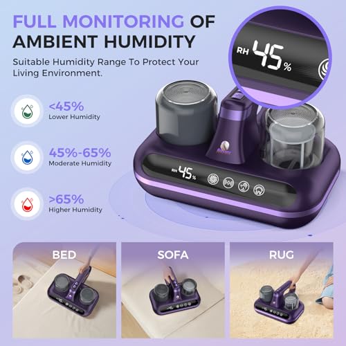 Bed Vacuum Cleaner - 5-in-1 Cordless Mattress Vacuum Cleaner, Powered by UV-C Light & Ultrasonic Technology, 16Kpa Strong Suction,Low Noise,Suitable for Dust, Pet Hair, Etc - Purple