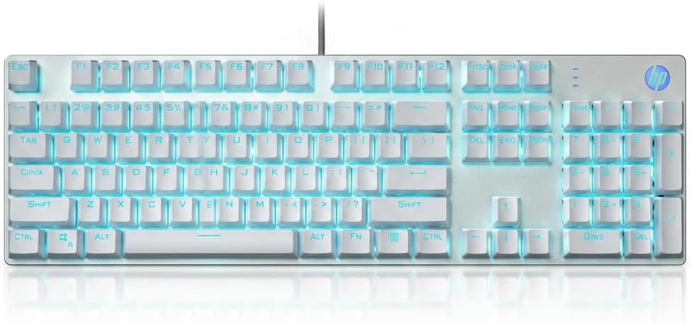 HP GK400F Wired Mechanical Gaming Keyboard – Wired USB 104-Key Full Size, Brown Mechanical Switches, Blue Backlit, Compatible with Desktop and Laptop (Silver+White)