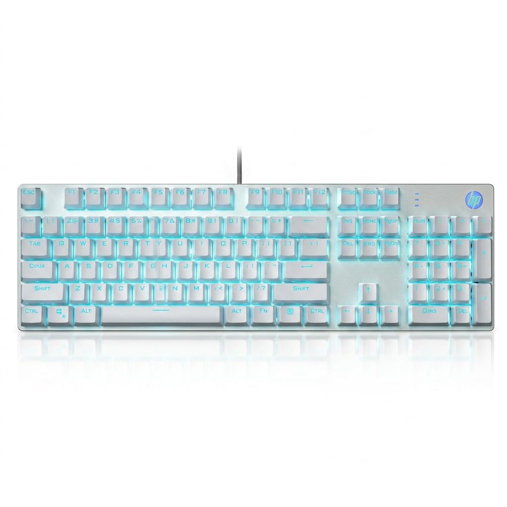HP GK400F Wired Mechanical Gaming Keyboard – Wired USB 104-Key Full Size, Brown Mechanical Switches, Blue Backlit, Compatible with Desktop and Laptop (Silver+White)