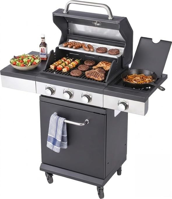 BBQ Kingdom 3+1 Burner Gas BBQ Grill - Matte Black Garden Barbecue