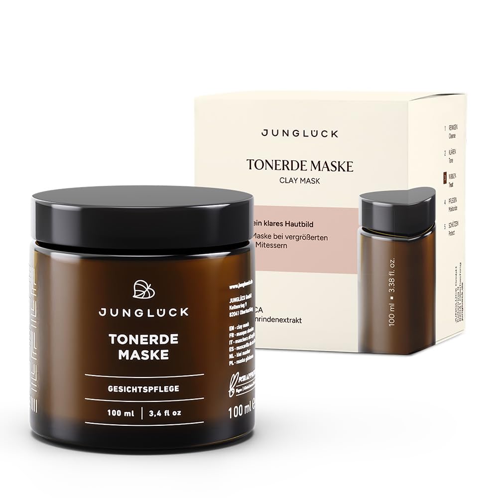 JUNGLÜCK Maschera allumina vegana | Maschera viso naturale per la pulizia e la cura della pelle impura | Libera dalle cellule della pelle | Pulizia del viso con estratto di corteccia di salice bio