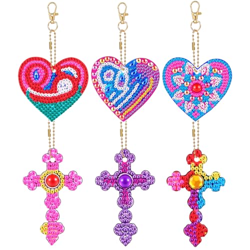 Kenning 6 Pcs Diamond Painting Keychains Double Sided Cross Love Heart DIY Diamond Art Kits Religious Crystal 5D Diamonds Painting Ornament for Beginners Adults Decor Gift
