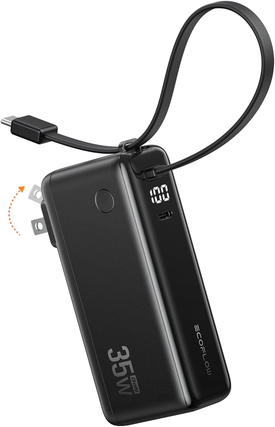 EcoFlow RAPID モバイルバッテリー 10000mAh 35W【最大35W出力/急速充電/モバイルバッテリー+折りたたみ式ACプラグ+USB-Cケーブル1台3役/大容量/２台同時充電/小型デザイン/残量表示/過熱防止/iPhone、Android、PC、タブレット、ゲーム機、スマートウォッチ等各種機器対応/機内持ち込み可】（ブラック）