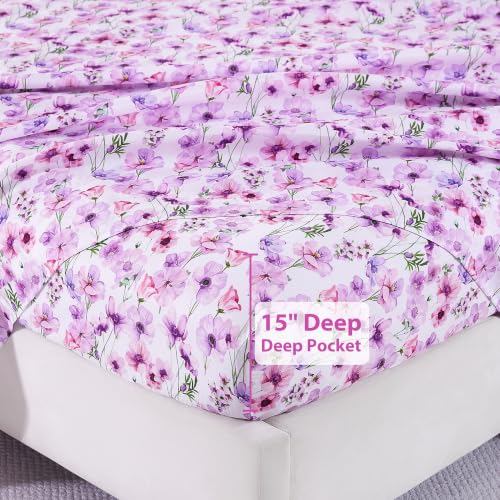 Image of Softan Purple Floral Full Sheet Set, Cozy Printed Microfiber Bed Fitted Sheets with 15 inch Deep Pocket & Non-Slip Corner Straps, Girls Lavender Blooms Flower Patterned Double Sheets & Pillowcase Set