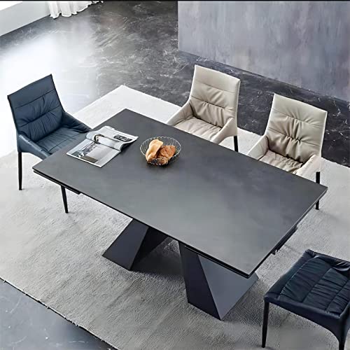 Expandable Dining Table For 6-10 Seat, Modern Style, Live Edge Design,Retractable,Tabletop Made From Rock Plate And Tempered Glass, Solid Carbon Steel Base, 35.4"D X 63"(+31.5 ")W X 30"H, Dark Grey #TOP1