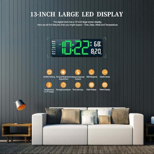 Image of 13 inch Plastic Digital Wall Clock - Large Green & White LED Display, Remote Control, Auto Brightness Dimmer, Date, Day & Temperature Display - Ideal for Living Room, Office, Gym, Shop
