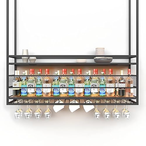 Miniatura 6 de Rajyqodis Botellero Colgante Para Vino, De Metal, Para Techo, De 2 Niveles, Para Bar, Restaurante, Cafetería, Cocina Negro, 180 Cm