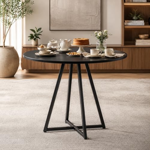 Mesa Redonda 4 Lugares Estilo Industrial para Sala de Jantar e Escritório Tampo MDF e Base de Aço (Preto/Pé Preto)