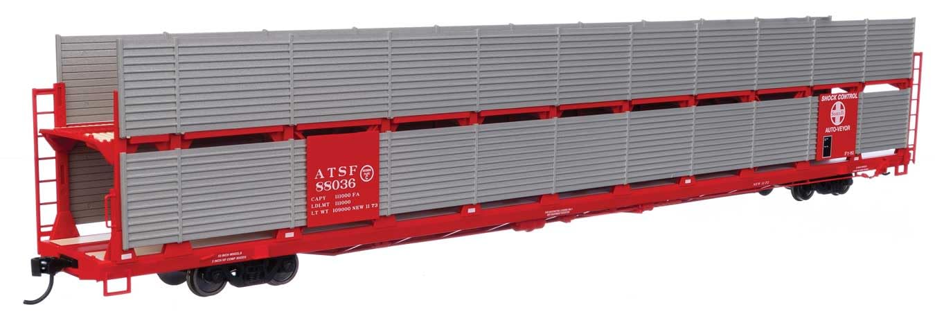 Walthers Mainline 910-8104 HO Scale 89' Flatcar w/Bi-Level Shielded Auto Rack - Ready to Run - Santa Fe Rack & Flatcar #88036