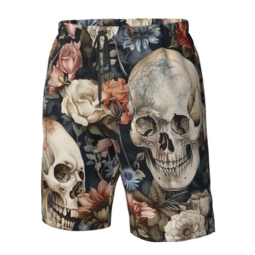 Skulls and Flower Watercolor Gothic Vintage Men's Quick Dry Swim Shorts, Mesh Lined Beach Trunks with Pockets2