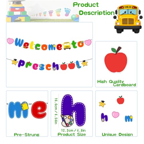 Image of Welcome to Preschool Banner for First Day of Preschool Decorations | Pre-Strung, Back to School, Classroom Office Hallway, Paper, Children Kids