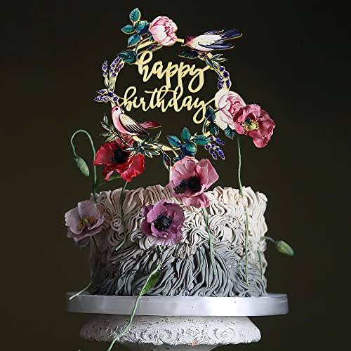 Gold Cake Topper Acrylic Cake Topper Happy Birthday Cake Topper Flower Bird Design For Girls Boys Kids Christmas Valentine's Day Party Favors Decoration Supplies 2 Pieces #TOP1