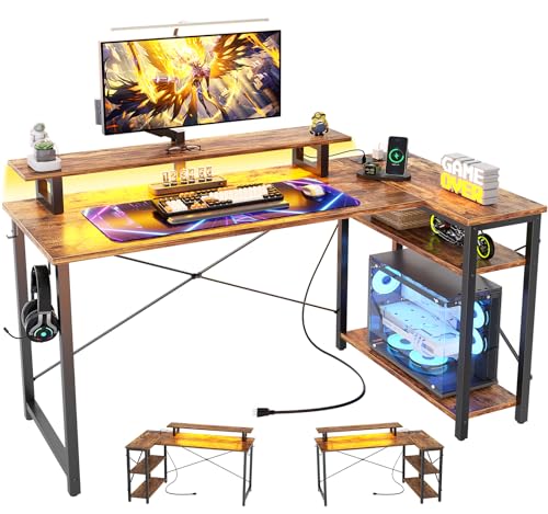 iSunirm L-förmiger Gaming-Schreibtisch mit LED-Licht und Steckdosen, Computertisch mit Ablageflächen, umkehrbarer Eckschreibtisch mit Monitorständer zum Lernen, 120 x 70 cm, Braun