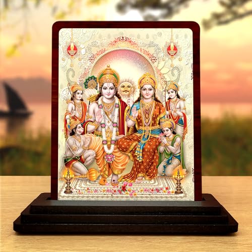 Image of Ram Darbar Printed Wooden Idol for Car Dashboard & Home Decor Shri Ram, Sita, Laxman & Hanuman Spiritual Showpiece for Office Desk - Religious Figurine for Protection & Gifting