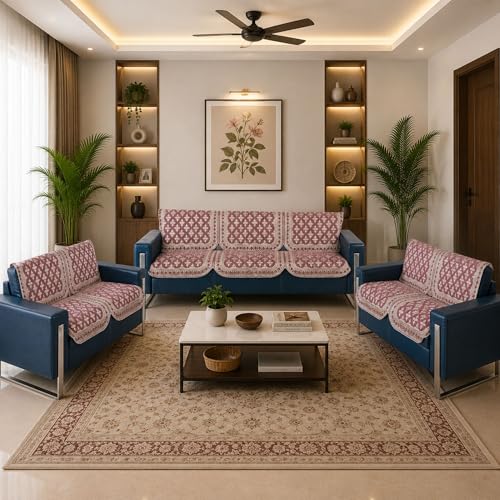 Image of Premium Chenille Woven Anti-Slip 7 Seater Sofa Cover | L-Shape Sofa Seat Protector for Living Room | Durable & Stylish Slipcover - Onion Pink - Floral