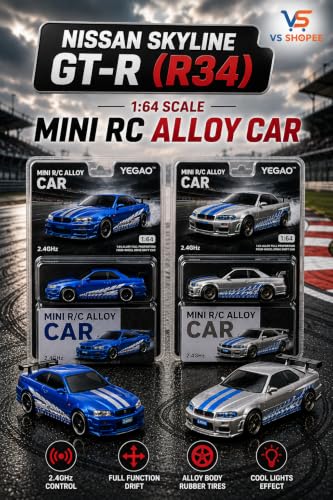 Image of Mini R /C Alloy Drift Car 1:64 Scale - 2.4GHz 4WD RC Racing Desk Toy with LED Lights & Cruise Control Feature (Kids & Collectors Edition) (Nissan Skyline GT-R (R34))
