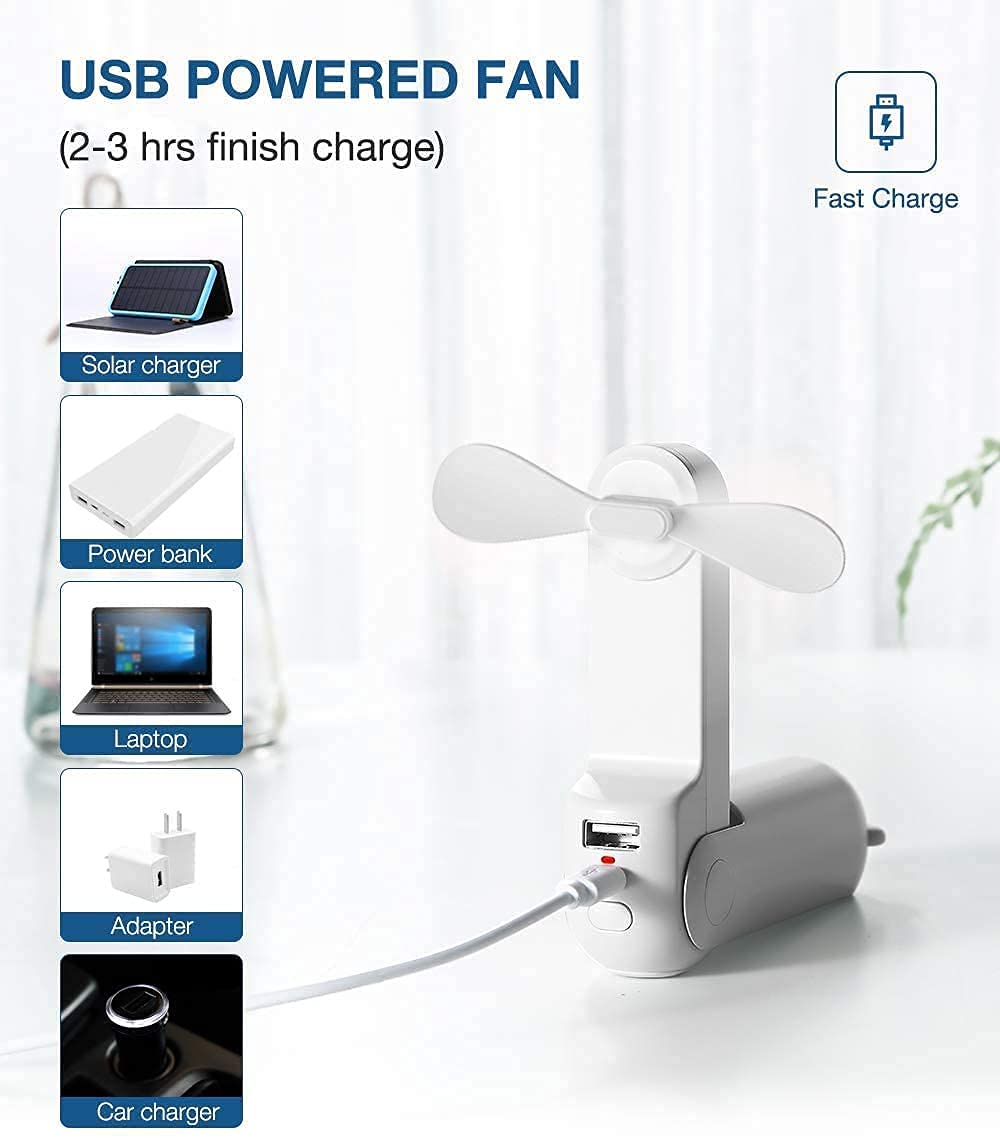 Mini Ventilatore Portatile, Ventilatore Manuale 3 in 1, Ventilatore Tascabile Piccolo Ricaricabile USB Portatile, Ventilatore a Batteria [14-21 Ore lavorative] con Power Bank, funz