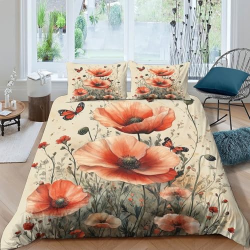 Housse de couette fleurs de pavot 140x200 parure lit microfibre single