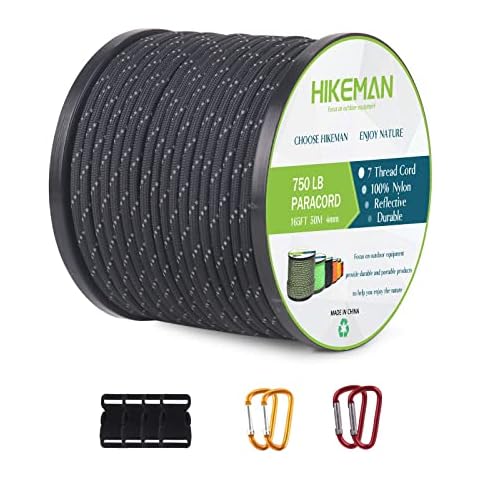 HIKEMAN Nylon 750Lb Paracord 4mm Cord - 50m Parachute Cord with 7 Wires,Multifunction Reflective Outdoor Survival para cord(Black) Cover
