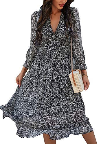 ZIYYOOHY Damen Lange Kleid Chiffon Rüschen mit Tief V-Ausschnitt Blumendruck Sommerkleid...